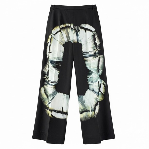 Halston Heritage Silk Wide Leg Pants Abstract Print Pockets Black Size 4 Luxury